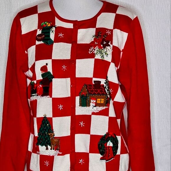 Dress Barn Embellished Red & White Checkered Ugly Christmas Cardigan Sweater - Picture 2 of 12